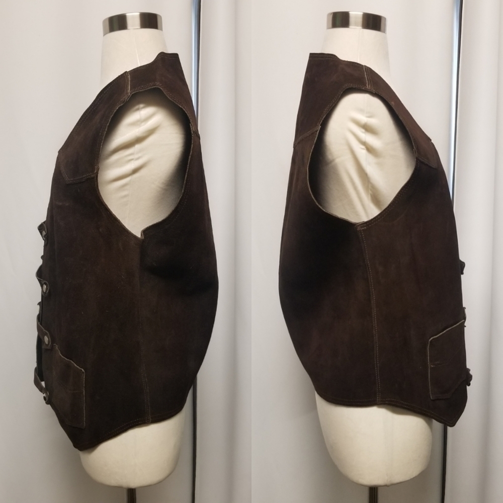 Vintage 70s Handmade Western Boho‎ Cowgirl Brown Suede Leather Snap Vest Md - Picture 2 of 10